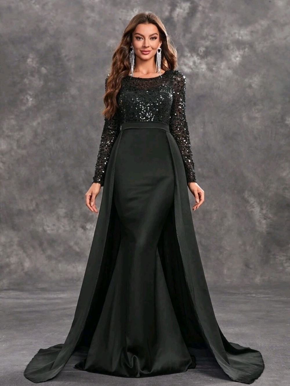 Elegant Black Sequin Satin Long Sleeve Satin Formal Gown